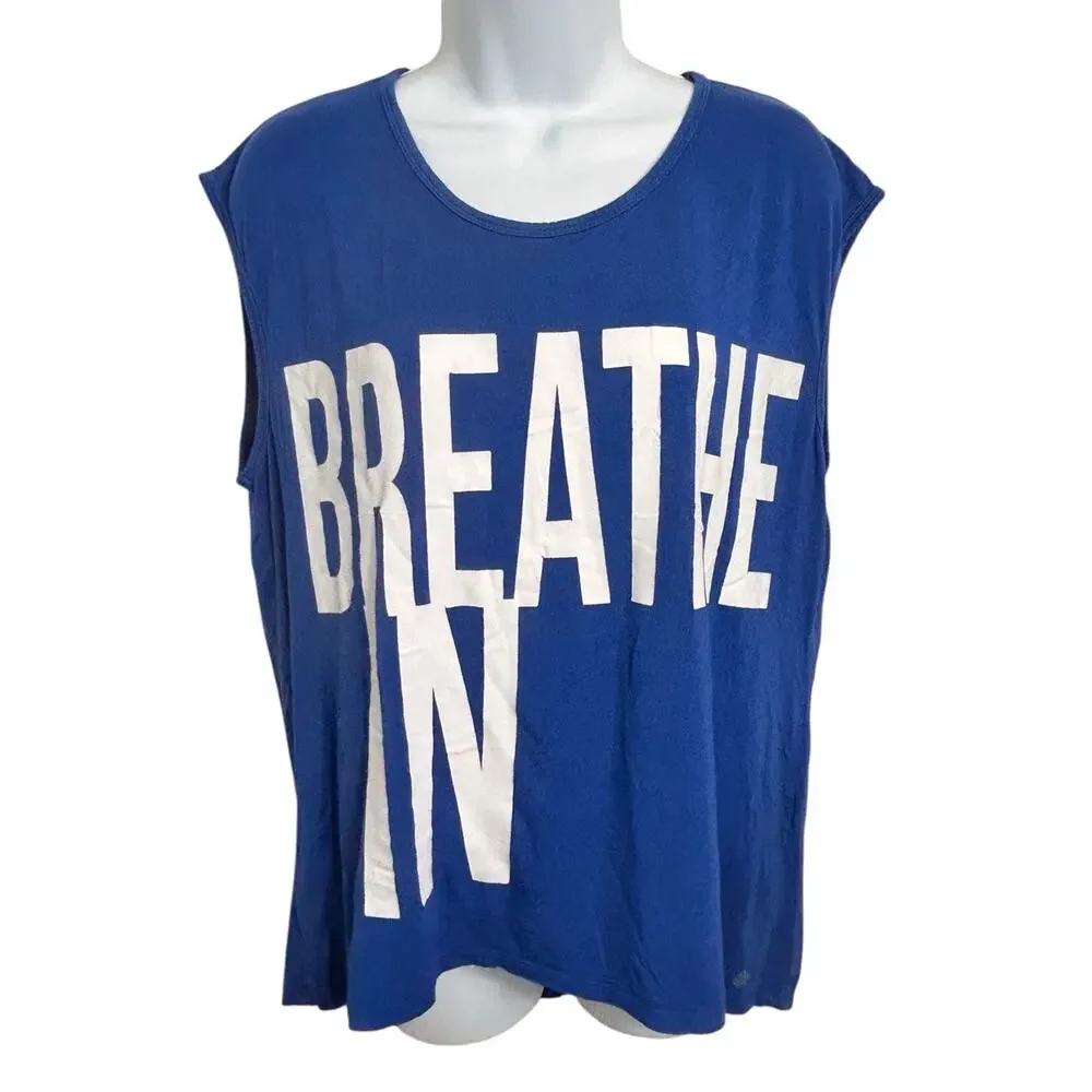 Women's Blue Muscle Shirt Sz M Breathe In Breathe Out Sleeveless Yoga Tee Top